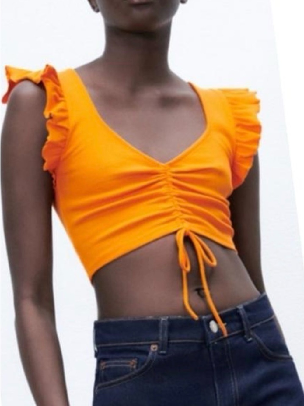 Zara Orange Ruching Tie-Front Crop Top with Flutter Sleeves